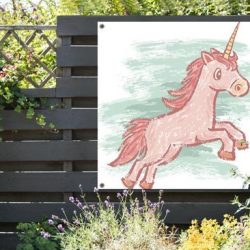 Tuinposter Kinderillustratie Unicorn - Kinderillustratie eenhoorn tekening 100x100 cm - Tuindoek/Buitencanvas/Schilderijen voor buiten (tuin decoratie) XXL / Groot formaat!