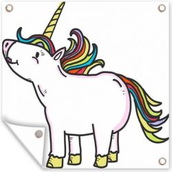Tuinposter Kinderillustratie Unicorn - Kinderillustratie eenhoorntekening tuinposter los doek - Tuinposter 50x50 cm - Tuindoek/Buitencanvas/Schilderijen voor buiten (tuin decoratie)