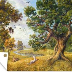 Tuinposter Kinderverhalen - Olieverf schilderij van een eenhoorn naast een rivier 160x120 cm - Tuindoek/Buitencanvas/Schilderijen voor buiten (tuin decoratie) XXL / Groot formaat!