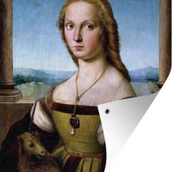 Tuinposter Rafaël - Portretten - Portret van de dame met de eenhoorn - Schilderij van Rafaël tuinposter los doek 120x160 cm - Tuindoek/Buitencanvas/Schilderijen voor buiten (tuin decoratie) XXL / Groot formaat!