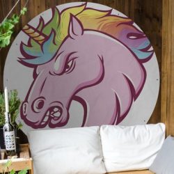 Tuinposter rond Eenhoorn illustratie - Een illustratie van een kwade eenhoorn Tuinposter - Ronde tuinposter Ø 150 cm - Tuindoek/Buitencanvas/Schilderijen voor buiten (tuin decoratie)