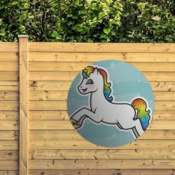 Tuinposter rond Eenhoorn illustratie - Een illustratie van een springende eenhoorn Tuinposter - Ronde tuinposter Ø 120 cm - Tuindoek/Buitencanvas/Schilderijen voor buiten (tuin decoratie)