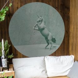 Tuinposter rond Eenhoorns - Stenen beeld van eenhoorn Tuinposter - Ronde tuinposter 120x120 cm - Tuindoek/Buitencanvas/Schilderijen voor buiten (tuin decoratie) XXL / Groot formaat!