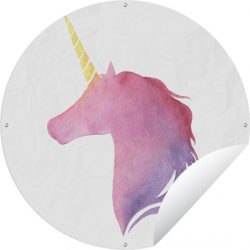 Tuinposter rond Kinderillustratie Unicorn - Kinderillustratie eenhoorn in het paars Tuinposter - Ronde tuinposter Ø 150 cm - Tuindoek/Buitencanvas/Schilderijen voor buiten (tuin decoratie)