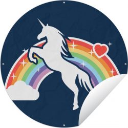 Tuinposter rond Kinderillustratie Unicorn - Kinderillustratie eenhoorn met regenboog Tuinposter - Ronde tuinposter 90x90 cm - Tuindoek/Buitencanvas/Schilderijen voor buiten (tuin decoratie)