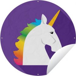 Tuinposter rond Kinderillustratie Unicorn - Kinderillustratie eenhoorn op paarse achtergrond Tuinposter - Ronde tuinposter 90x90 cm - Tuindoek/Buitencanvas/Schilderijen voor buiten (tuin decoratie)