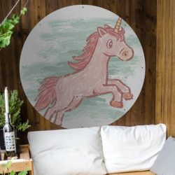 Tuinposter rond Kinderillustratie Unicorn - Kinderillustratie eenhoorn tekening Tuinposter - Ronde tuinposter 120x120 cm - Tuindoek/Buitencanvas/Schilderijen voor buiten (tuin decoratie) XXL / Groot formaat!