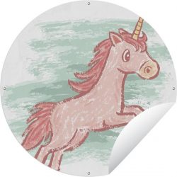 Tuinposter rond Kinderillustratie Unicorn - Kinderillustratie eenhoorn tekening Tuinposter - Ronde tuinposter Ø 90 cm - Tuindoek/Buitencanvas/Schilderijen voor buiten (tuin decoratie)