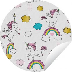 Tuinposter rond Kinderillustratie Unicorn - Kinderillustratie eenhoornpatroon Tuinposter - Ronde tuinposter 120x120 cm - Tuindoek/Buitencanvas/Schilderijen voor buiten (tuin decoratie) XXL / Groot formaat!