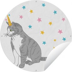 Tuinposter rond Kinderillustratie Unicorn - Kinderillustratie katteneenhoorn Tuinposter - Ronde tuinposter 60x60 cm - Tuindoek/Buitencanvas/Schilderijen voor buiten (tuin decoratie)