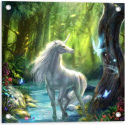 Tuinposter – Getekende Unicorn in Fantasiebos - 50x50cm Foto op Tuinposter  (wanddecoratie voor buiten en binnen)