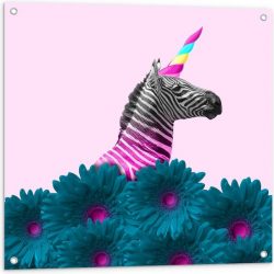 Tuinposter – Zebra als Eenhoorn met Bloemen - 80x80cm Foto op Tuinposter  (wanddecoratie voor buiten en binnen)