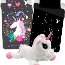 Unicorn Dekbedovertrek-1persoons-140x200-Katoen -Glow in the Dark - dekbed jongens meisjes-incl pluche knuffel Unicorn 65 cm lang
