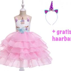 Unicorn - Eenhoorn Jurk - 110/116 (120) - Roze + Eenhoorn Diadeem - Speelgoed Meisjes - Unicorn Jurk
