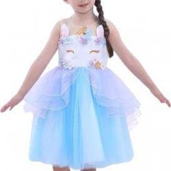 Unicorn Feestjurk Blauw – verjaardagsjurk eenhoorn – 104/110