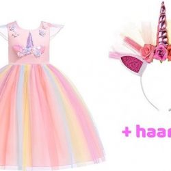 Unicorn Jurk | Eenhoorn Jurk | Prinsessenjurk Meisje | Verkleedkleren Meisje |maat 116/122 (130) |Prinsessen Verkleedkleding | Carnavalskleding Kinderen | + GRATIS Haarband | Roze