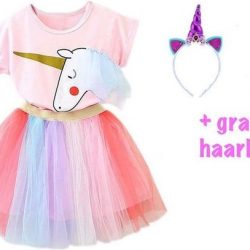 Unicorn rok - Eenhoorn Shirt - 104/110 - Verkleedkleding Meisje - Gratis Haarband | Roze