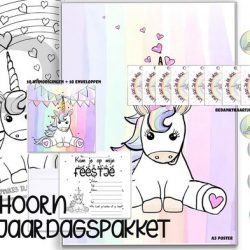 verjaardagsfeest thema unicorn - eenhoorn versiering - verjaardagspakket - uitnodiging verjaardagsfeest - poster eenhoorn - kinderfeest